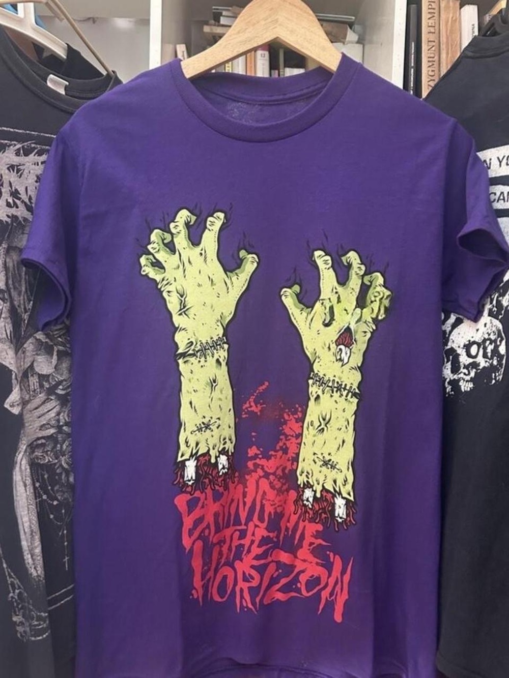 Gildan Purple Tee with Neon Green Zombie Hands Graphic